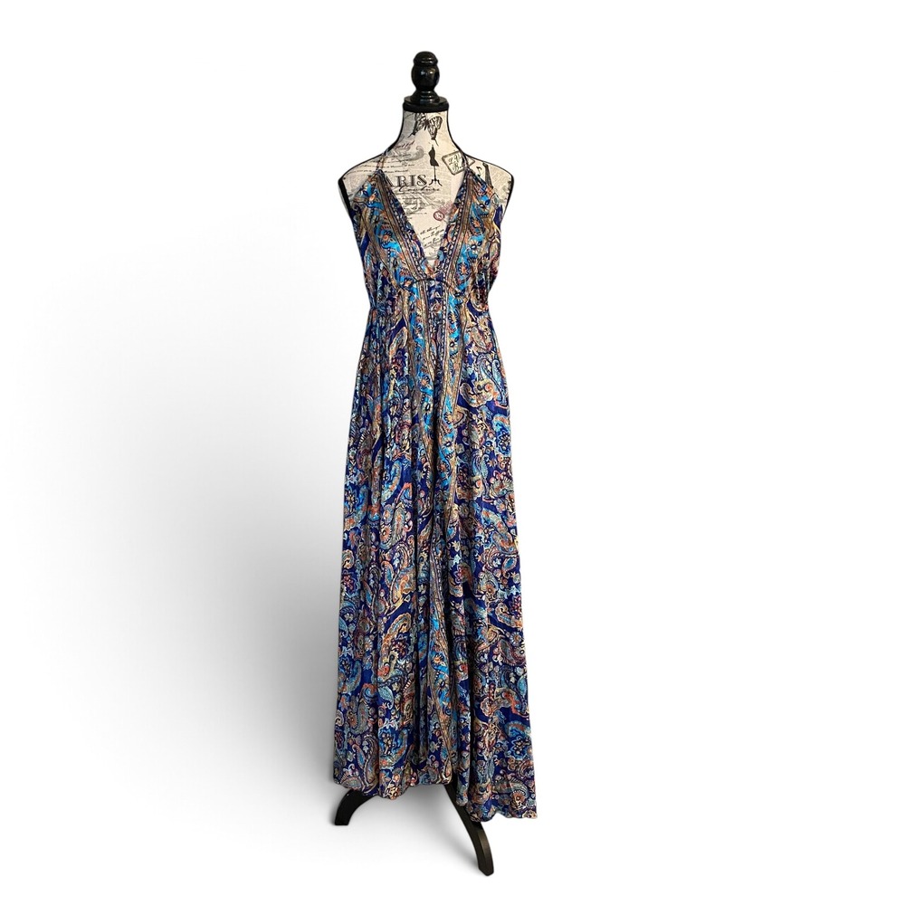 Swarna Maxi Dress Women Free Size Blue Paisley Art Silk Halter Tassel Open Back